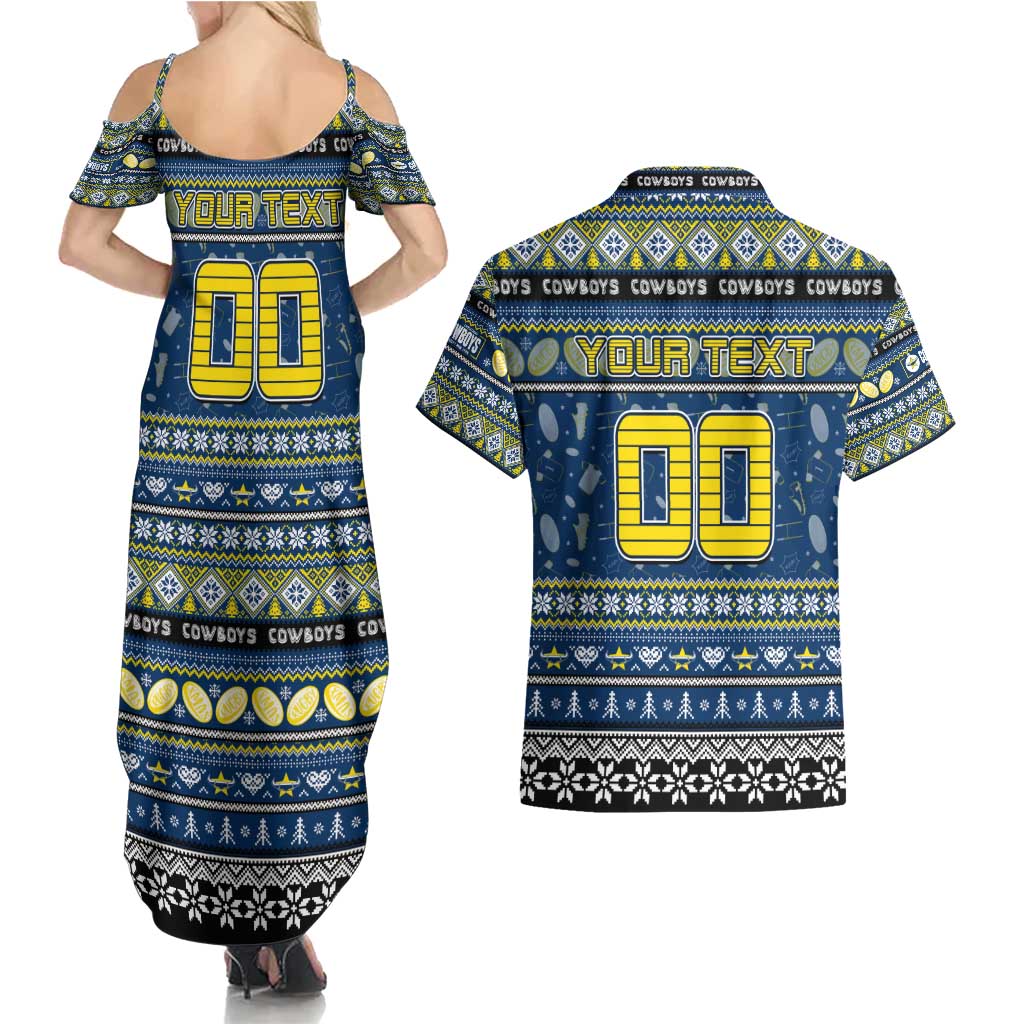 Personalized Cowboys Rugby Xmas Couples Matching Summer Maxi Dress and Hawaiian Shirt Australia NRL Mascot