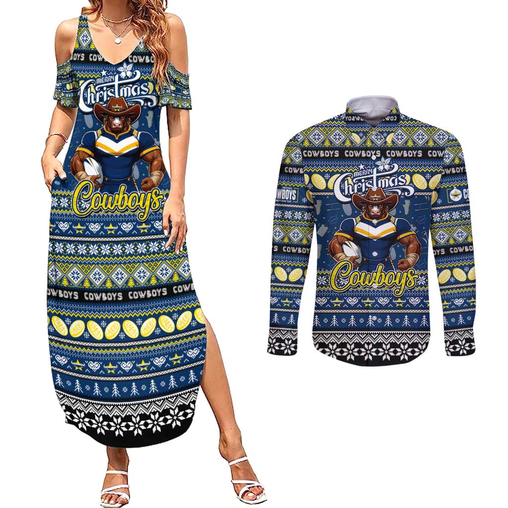 Personalized Cowboys Rugby Xmas Couples Matching Summer Maxi Dress and Long Sleeve Button Shirt Australia NRL Mascot