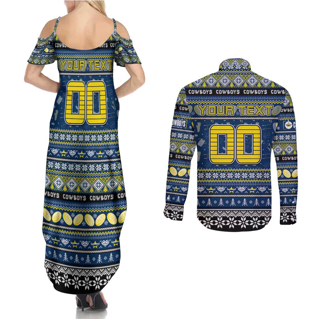 Personalized Cowboys Rugby Xmas Couples Matching Summer Maxi Dress and Long Sleeve Button Shirt Australia NRL Mascot