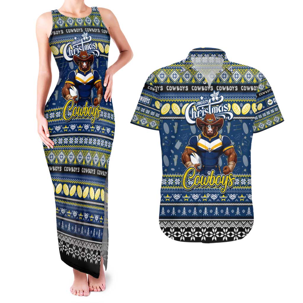 Personalized Cowboys Rugby Xmas Couples Matching Tank Maxi Dress and Hawaiian Shirt Australia NRL Mascot