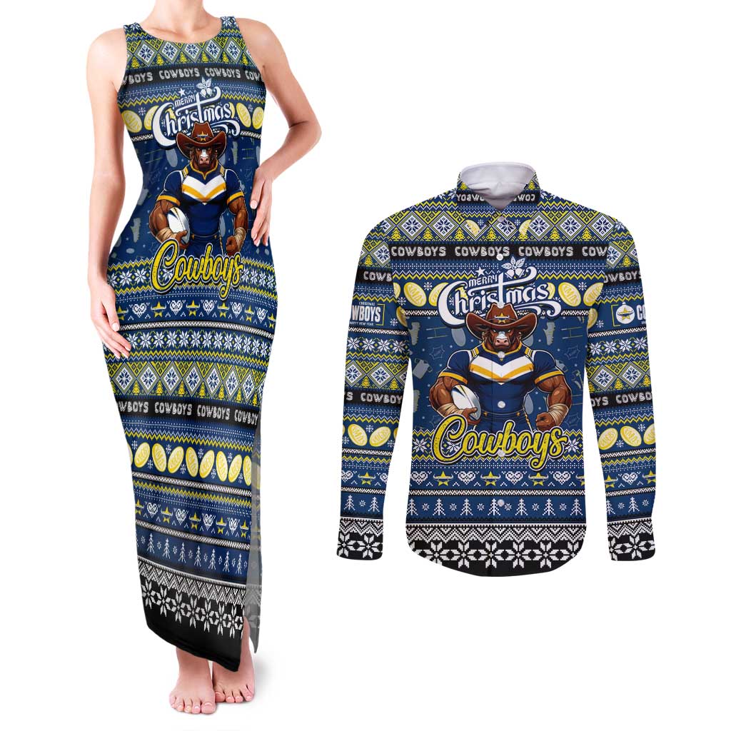 Personalized Cowboys Rugby Xmas Couples Matching Tank Maxi Dress and Long Sleeve Button Shirt Australia NRL Mascot