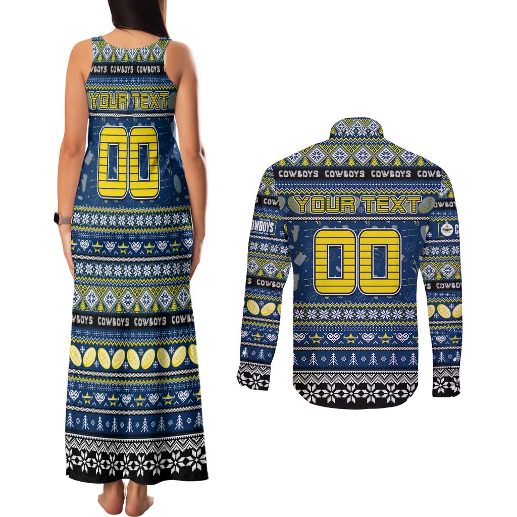Personalized Cowboys Rugby Xmas Couples Matching Tank Maxi Dress and Long Sleeve Button Shirt Australia NRL Mascot