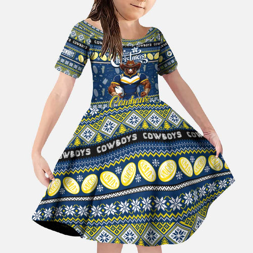 Personalized Cowboys Rugby Xmas Family Matching Long Sleeve Bodycon Dress and Hawaiian Shirt Australia NRL Mascot