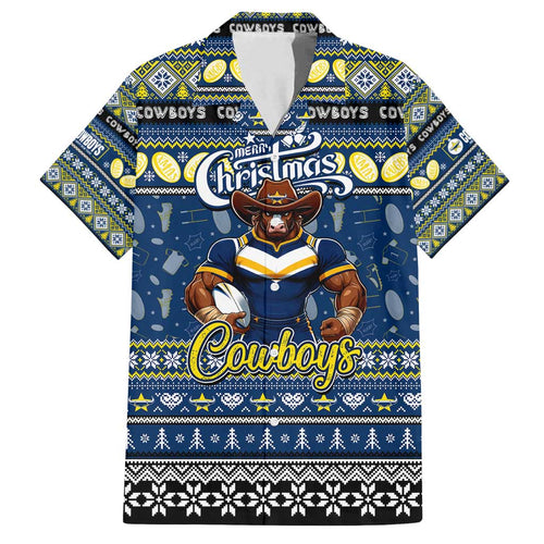 Personalized Cowboys Rugby Xmas Family Matching Long Sleeve Bodycon Dress and Hawaiian Shirt Australia NRL Mascot