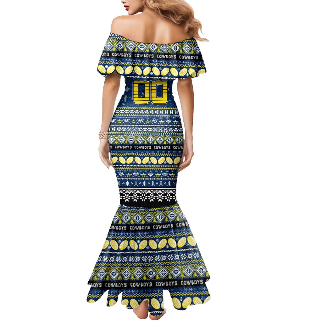 Personalized Cowboys Rugby Xmas Family Matching Mermaid Dress and Hawaiian Shirt Australia NRL Mascot