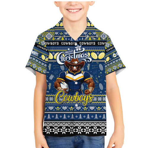 Personalized Cowboys Rugby Xmas Family Matching Mermaid Dress and Hawaiian Shirt Australia NRL Mascot