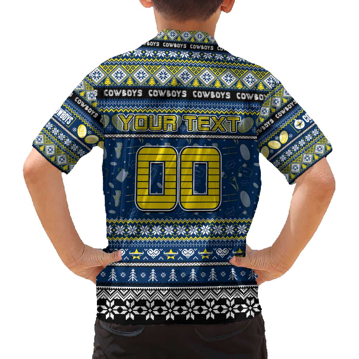 Personalized Cowboys Rugby Xmas Family Matching Off The Shoulder Long Sleeve Dress and Hawaiian Shirt Australia NRL Mascot
