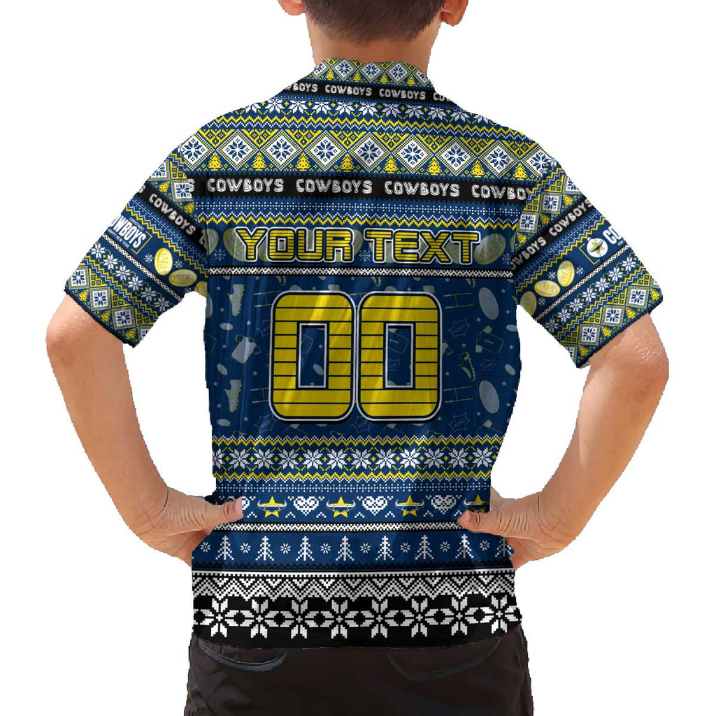 Personalized Cowboys Rugby Xmas Family Matching Off The Shoulder Long Sleeve Dress and Hawaiian Shirt Australia NRL Mascot