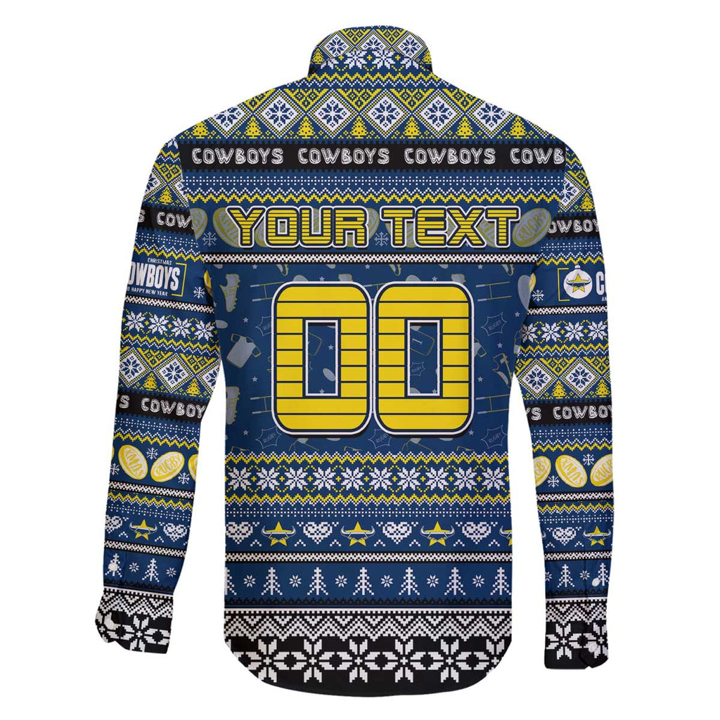 Personalized Cowboys Rugby Xmas Family Matching Off The Shoulder Long Sleeve Dress and Hawaiian Shirt Australia NRL Mascot