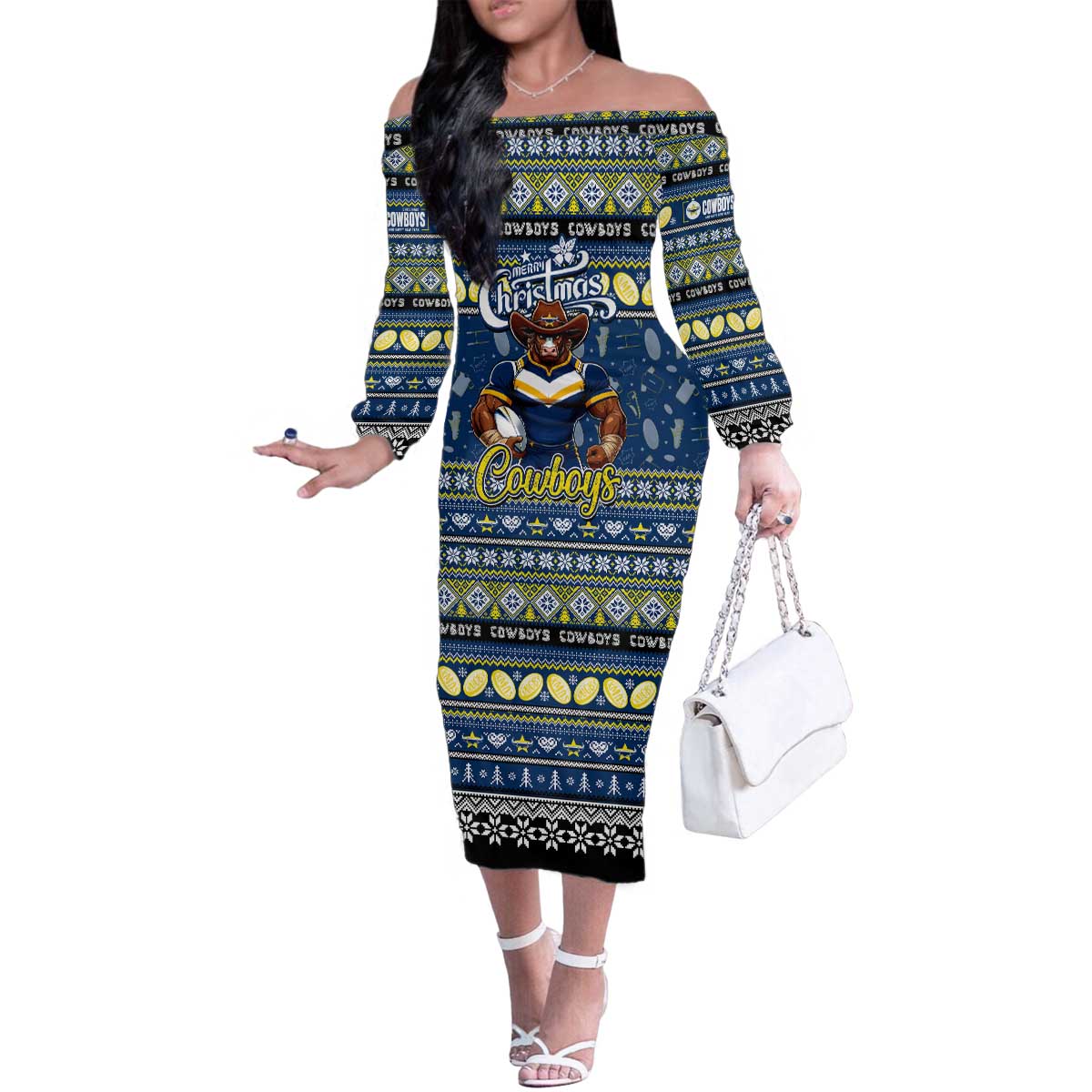Personalized Cowboys Rugby Xmas Family Matching Off The Shoulder Long Sleeve Dress and Hawaiian Shirt Australia NRL Mascot