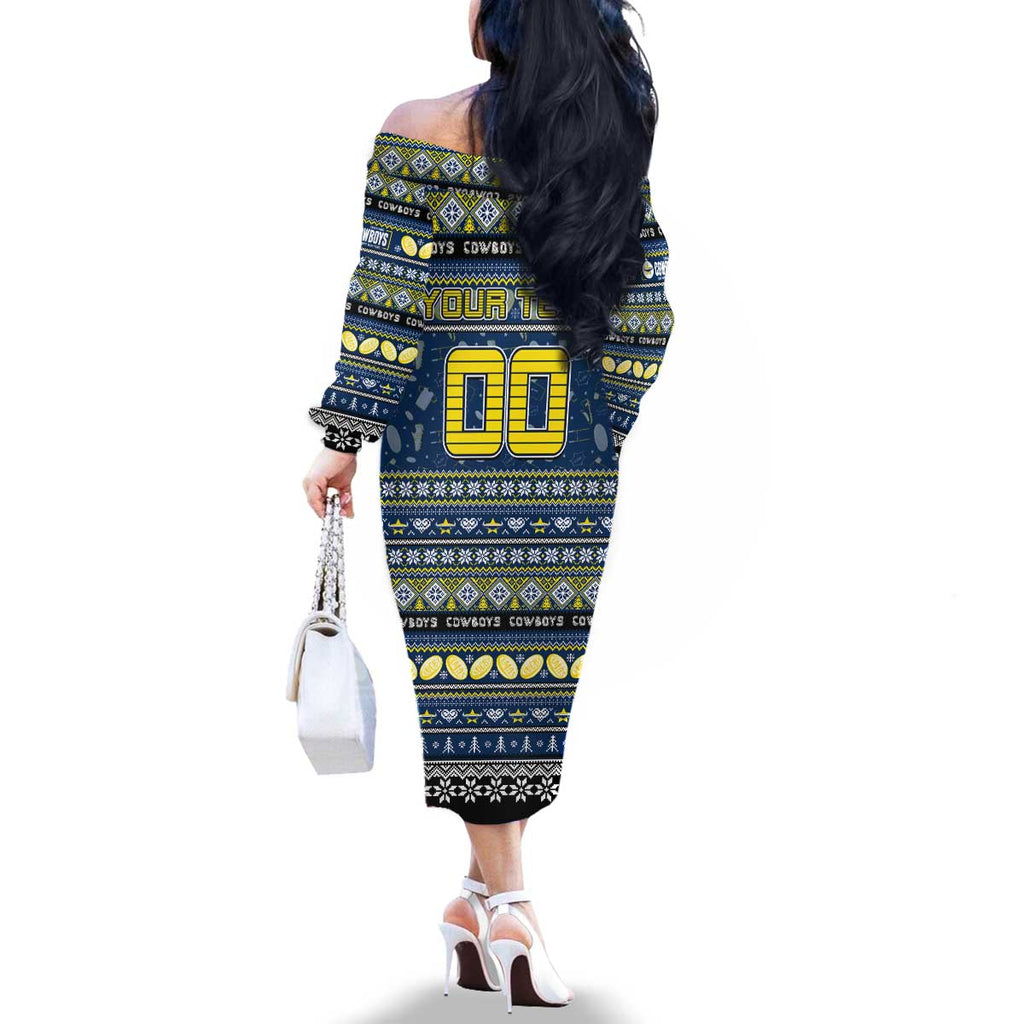 Personalized Cowboys Rugby Xmas Family Matching Off The Shoulder Long Sleeve Dress and Hawaiian Shirt Australia NRL Mascot