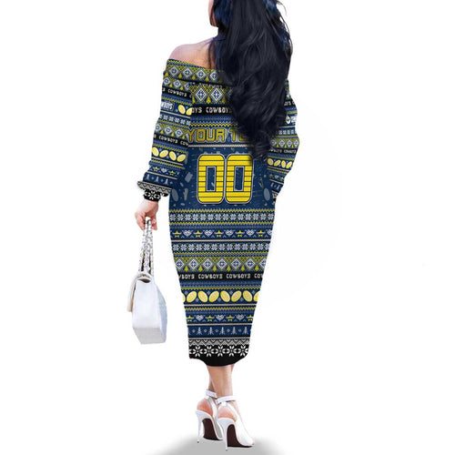 Personalized Cowboys Rugby Xmas Family Matching Off The Shoulder Long Sleeve Dress and Hawaiian Shirt Australia NRL Mascot