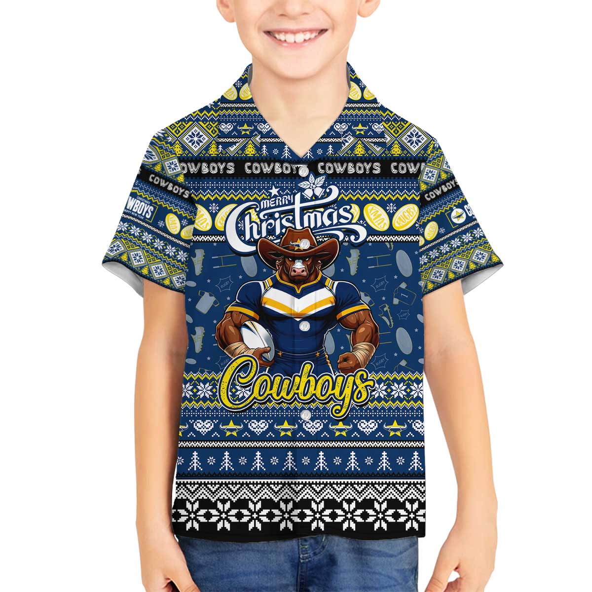 Personalized Cowboys Rugby Xmas Family Matching Off The Shoulder Long Sleeve Dress and Hawaiian Shirt Australia NRL Mascot