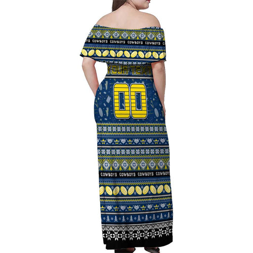 Personalized Cowboys Rugby Xmas Family Matching Off Shoulder Maxi Dress and Hawaiian Shirt Australia NRL Mascot