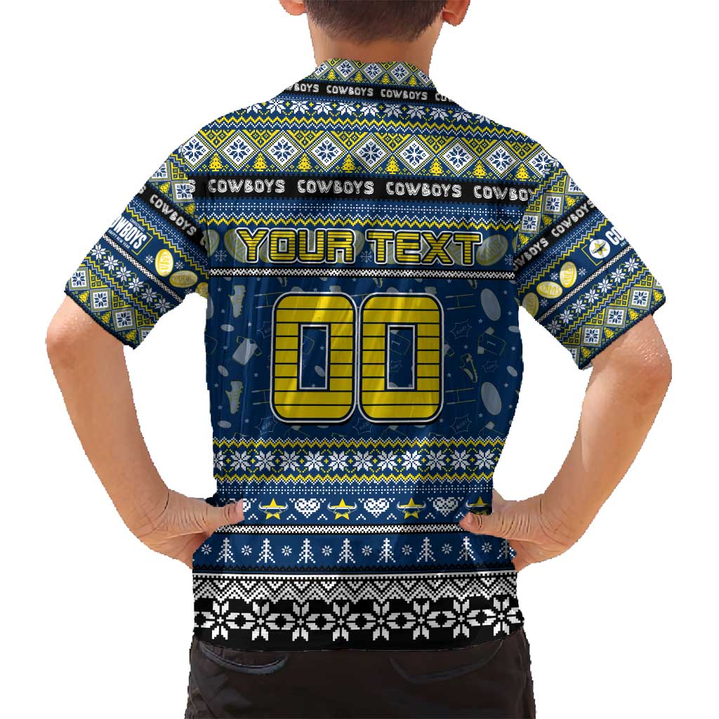 Personalized Cowboys Rugby Xmas Family Matching Off Shoulder Short Dress and Hawaiian Shirt Australia NRL Mascot