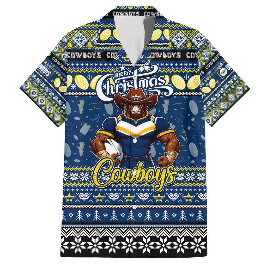 Personalized Cowboys Rugby Xmas Family Matching Off Shoulder Short Dress and Hawaiian Shirt Australia NRL Mascot