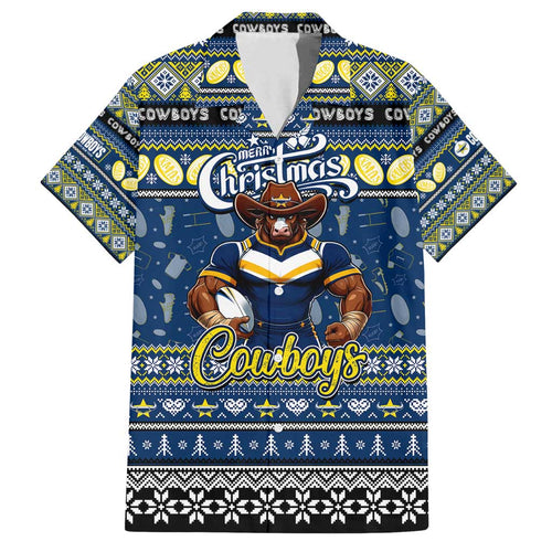 Personalized Cowboys Rugby Xmas Family Matching Off Shoulder Short Dress and Hawaiian Shirt Australia NRL Mascot