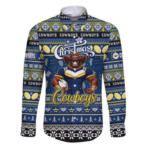 Personalized Cowboys Rugby Xmas Family Matching Off Shoulder Short Dress and Hawaiian Shirt Australia NRL Mascot