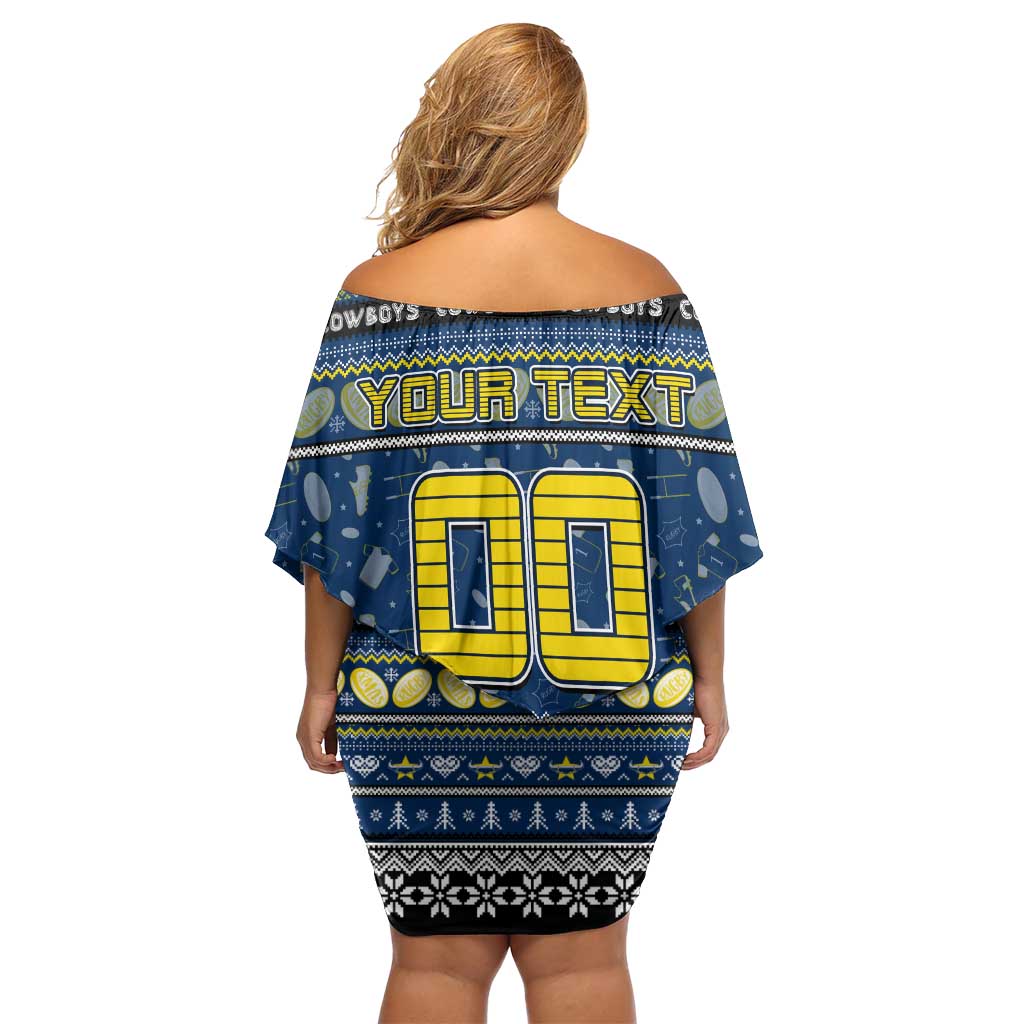 Personalized Cowboys Rugby Xmas Family Matching Off Shoulder Short Dress and Hawaiian Shirt Australia NRL Mascot