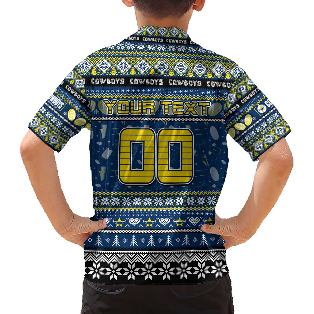Personalized Cowboys Rugby Xmas Family Matching Short Sleeve Bodycon Dress and Hawaiian Shirt Australia NRL Mascot