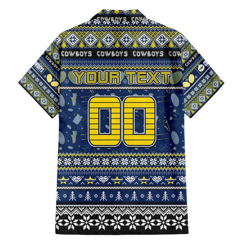 Personalized Cowboys Rugby Xmas Family Matching Short Sleeve Bodycon Dress and Hawaiian Shirt Australia NRL Mascot