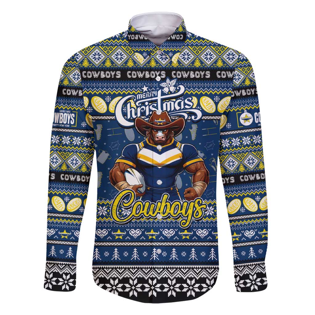 Personalized Cowboys Rugby Xmas Family Matching Short Sleeve Bodycon Dress and Hawaiian Shirt Australia NRL Mascot