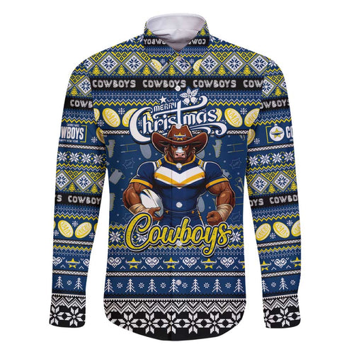 Personalized Cowboys Rugby Xmas Family Matching Short Sleeve Bodycon Dress and Hawaiian Shirt Australia NRL Mascot