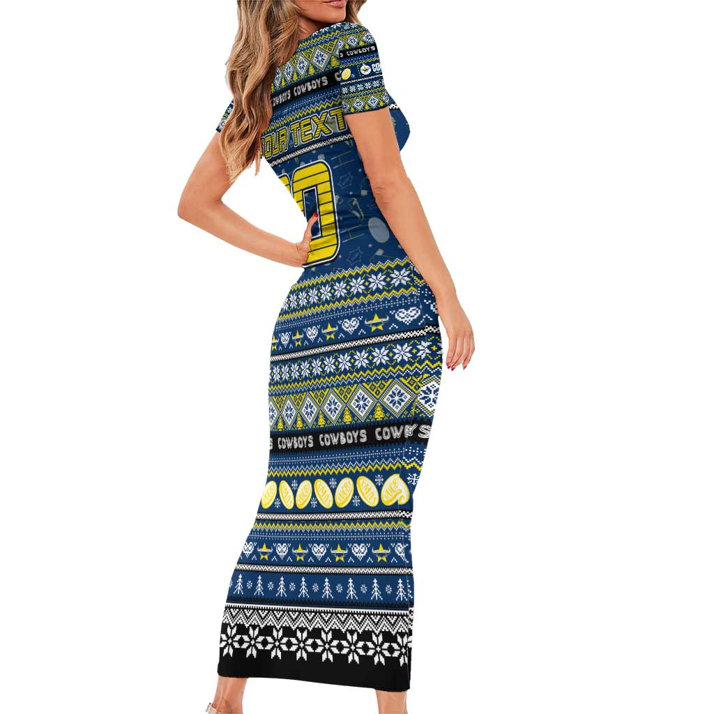 Personalized Cowboys Rugby Xmas Family Matching Short Sleeve Bodycon Dress and Hawaiian Shirt Australia NRL Mascot