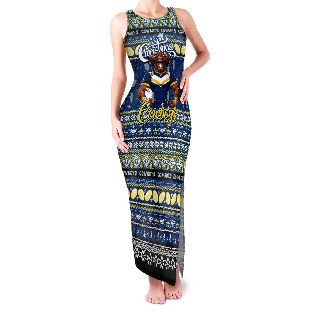 Personalized Cowboys Rugby Xmas Family Matching Tank Maxi Dress and Hawaiian Shirt Australia NRL Mascot