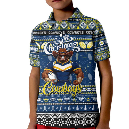 Personalized Cowboys Rugby Xmas Kid Polo Shirt Australia NRL Mascot