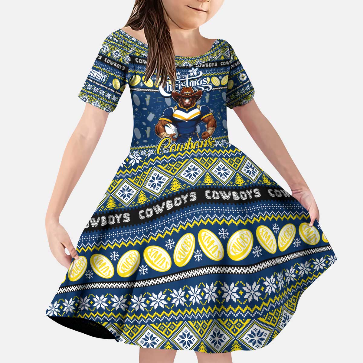 Personalized Cowboys Rugby Xmas Kid Short Sleeve Dress Australia NRL Mascot