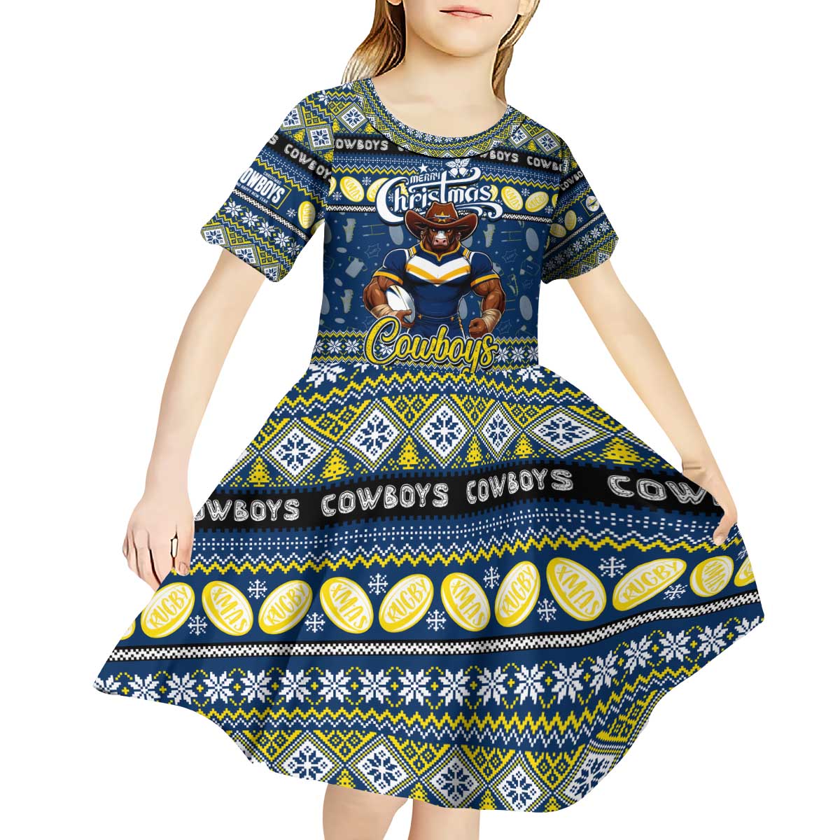 Personalized Cowboys Rugby Xmas Kid Short Sleeve Dress Australia NRL Mascot