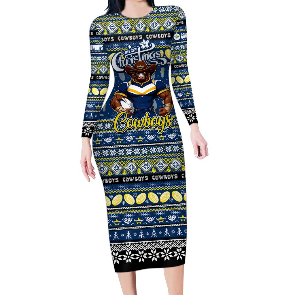 Personalized Cowboys Rugby Xmas Long Sleeve Bodycon Dress Australia NRL Mascot