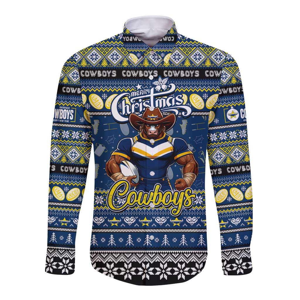 Personalized Cowboys Rugby Xmas Long Sleeve Button Shirt Australia NRL Mascot