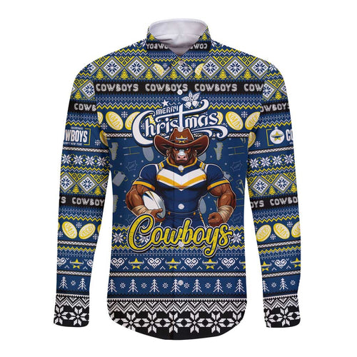 Personalized Cowboys Rugby Xmas Long Sleeve Button Shirt Australia NRL Mascot