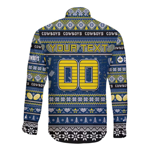 Personalized Cowboys Rugby Xmas Long Sleeve Button Shirt Australia NRL Mascot