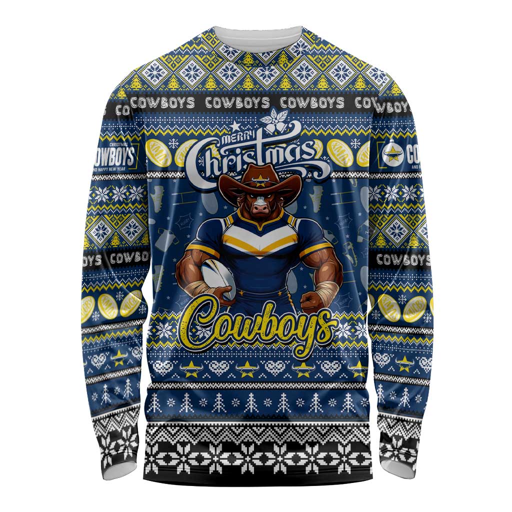 Personalized Cowboys Rugby Xmas Long Sleeve Shirt Australia NRL Mascot
