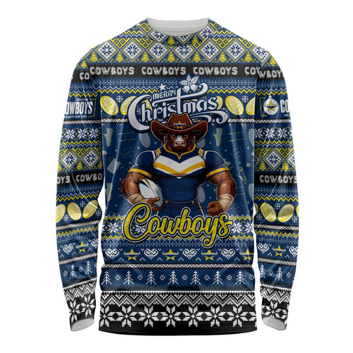 Personalized Cowboys Rugby Xmas Long Sleeve Shirt Australia NRL Mascot