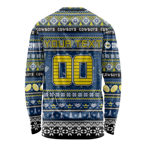 Personalized Cowboys Rugby Xmas Long Sleeve Shirt Australia NRL Mascot