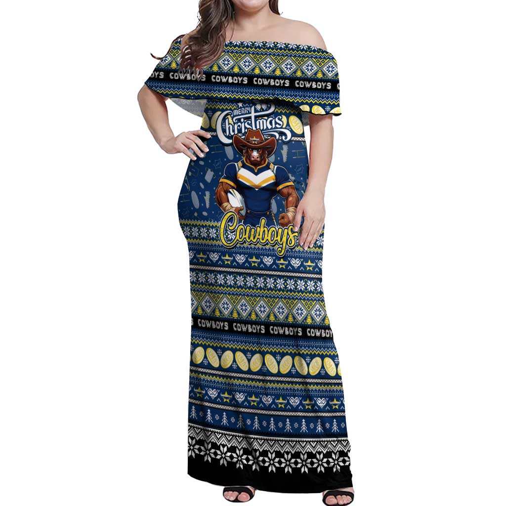 Personalized Cowboys Rugby Xmas Off Shoulder Maxi Dress Australia NRL Mascot