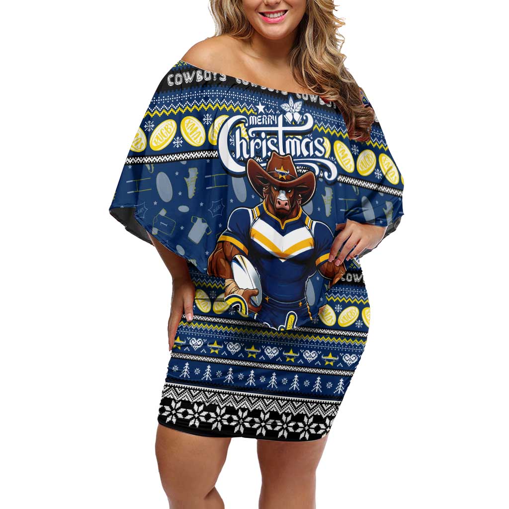 Personalized Cowboys Rugby Xmas Off Shoulder Short Dress Australia NRL Mascot