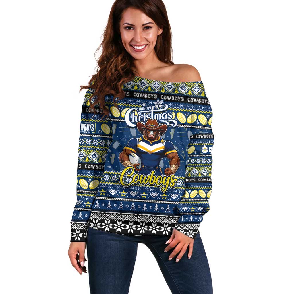 Personalized Cowboys Rugby Xmas Off Shoulder Sweater Australia NRL Mascot