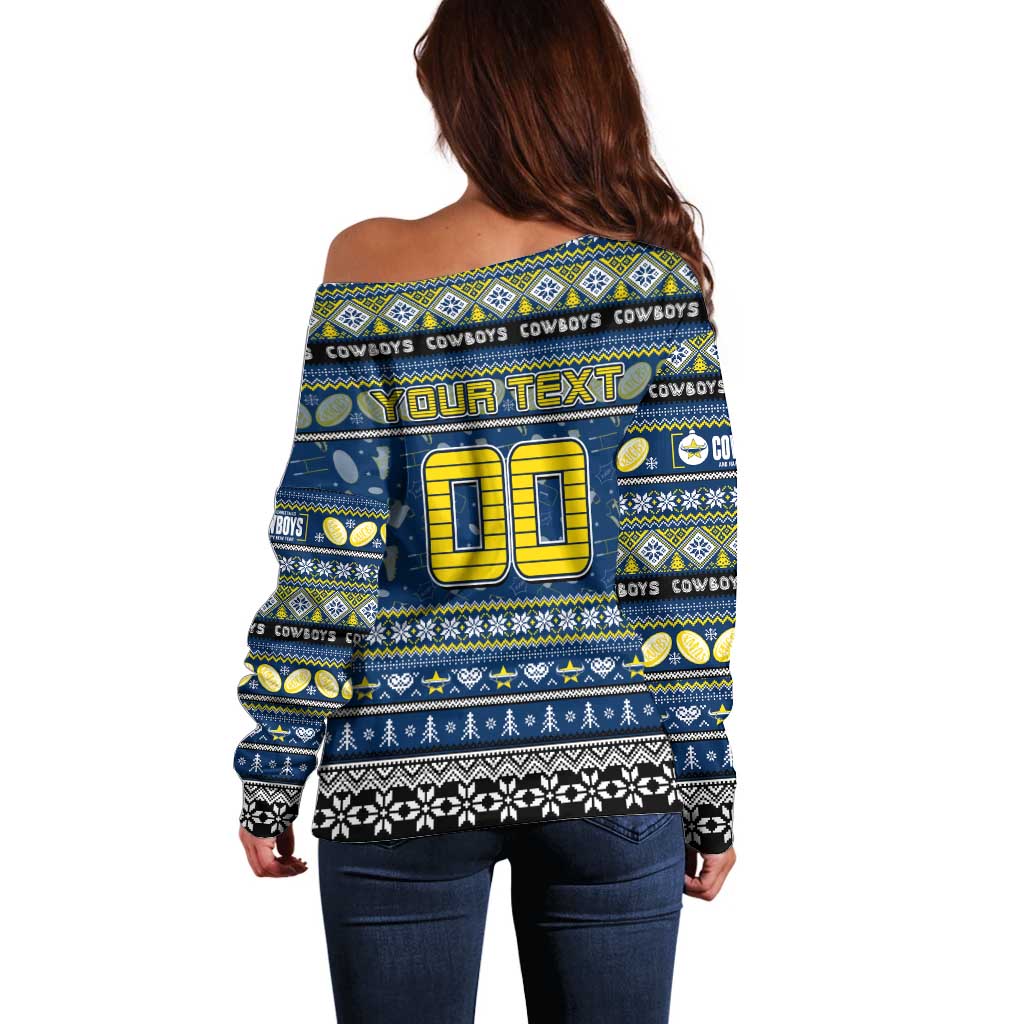 Personalized Cowboys Rugby Xmas Off Shoulder Sweater Australia NRL Mascot