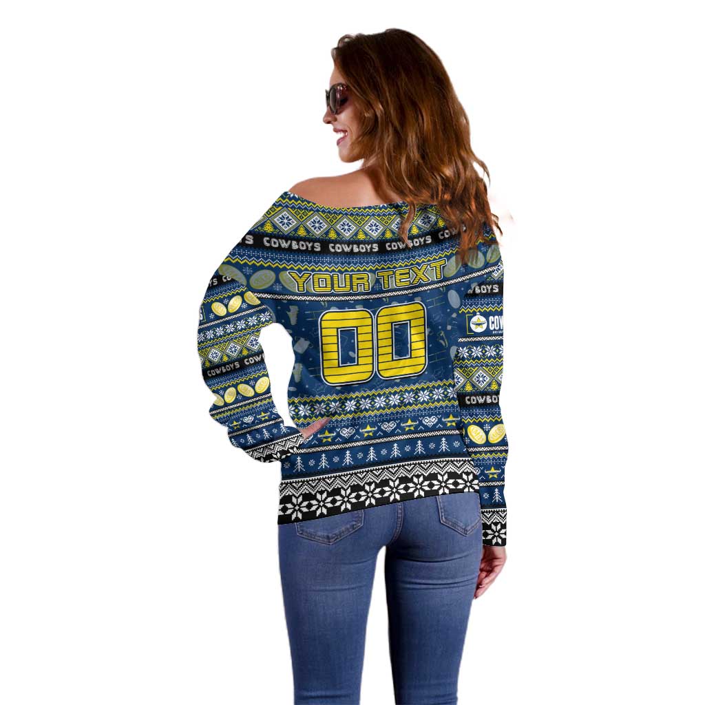 Personalized Cowboys Rugby Xmas Off Shoulder Sweater Australia NRL Mascot