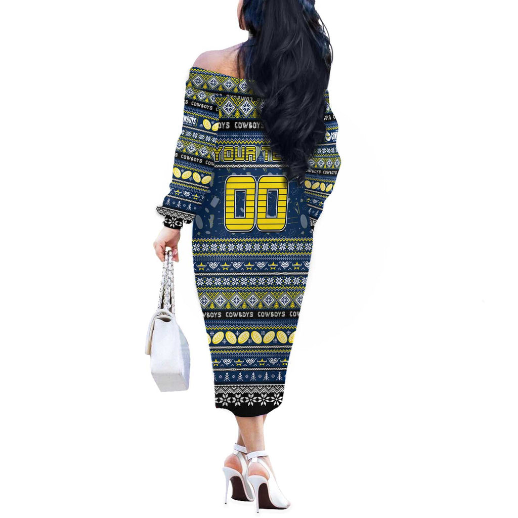 Personalized Cowboys Rugby Xmas Off The Shoulder Long Sleeve Dress Australia NRL Mascot