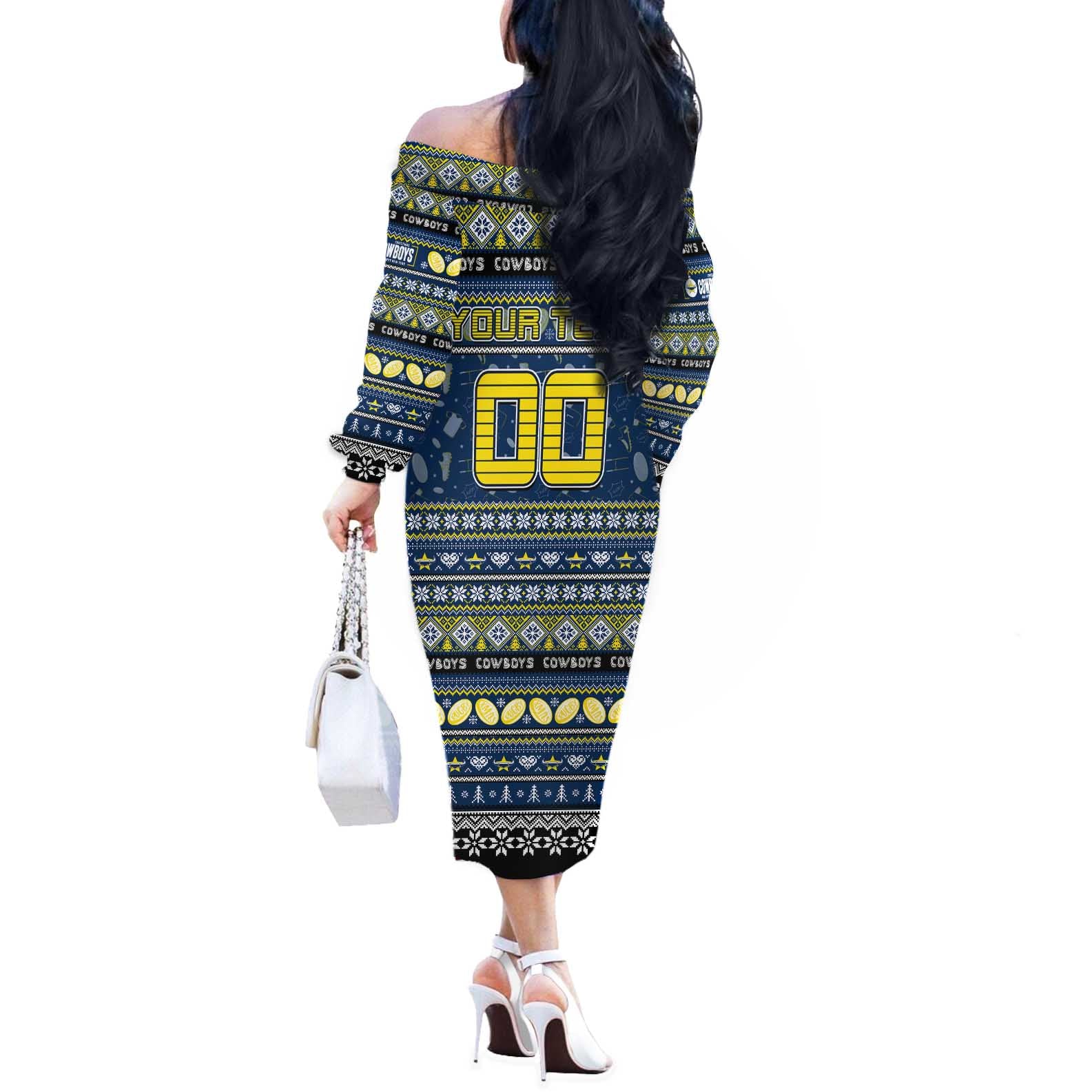 Personalized Cowboys Rugby Xmas Off The Shoulder Long Sleeve Dress Australia NRL Mascot