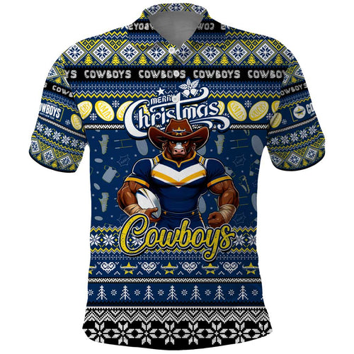 Personalized Cowboys Rugby Xmas Polo Shirt Australia NRL Mascot