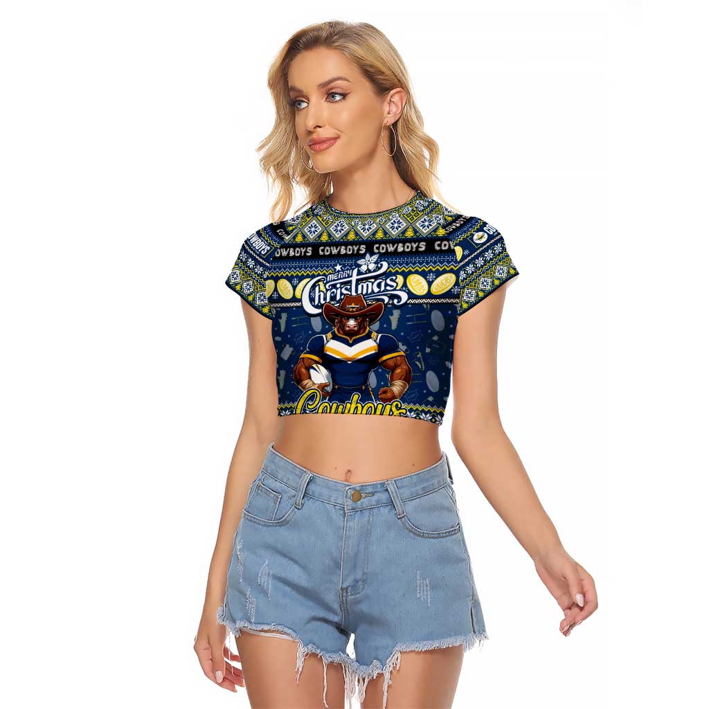 Personalized Cowboys Rugby Xmas Raglan Cropped T Shirt Australia NRL Mascot