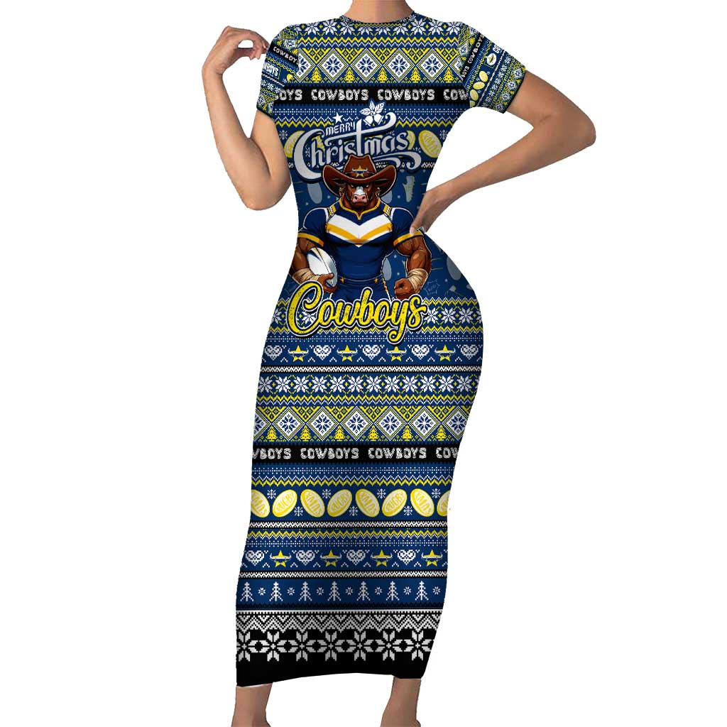 Personalized Cowboys Rugby Xmas Short Sleeve Bodycon Dress Australia NRL Mascot