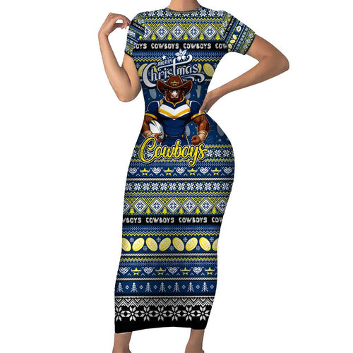 Personalized Cowboys Rugby Xmas Short Sleeve Bodycon Dress Australia NRL Mascot